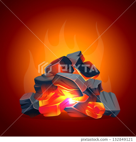Burning coals. pile coals for fireplace on picnic Burning coals. pile coals for fireplace on picnic 132849121