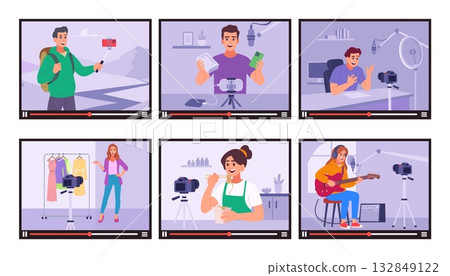 Blogger. video player frame with vlogging characters musicians, reviews, traveller and cooking Blogger. video player frame with vlogging characters musicians, reviews, traveller and cooking 132849122