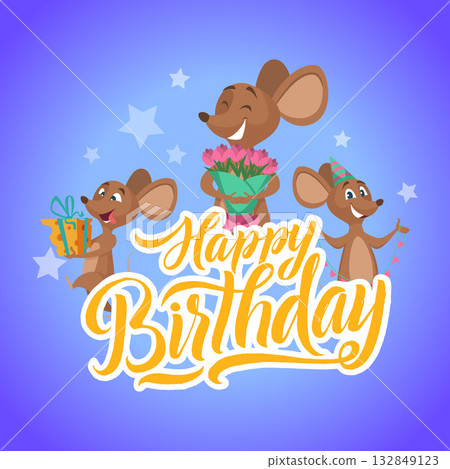 Birthday placard. invitation poster for birthday party. vector mouse in cartoon style Birthday placard. invitation poster for birthday party. vector mouse in cartoon style 132849123