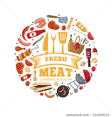 BBQ. circle shape template with flat illustration of bbq tools. butchery market concept BBQ. circle shape template with flat illustration of bbq tools. butchery market concept 132849124
