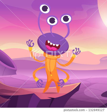 Alien. cartoon mascot cute alien standing outdoor on fantasy space landscape Alien. cartoon mascot cute alien standing outdoor on fantasy space landscape 132849127