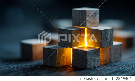 Abstract construction and creativity symbol of luminous wooden blocks 132849404