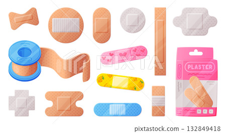 Medical Plaster or Adhesive Bandage for Injuries Vector Set Medical Plaster or Adhesive Bandage for Injuries Vector Set 132849418