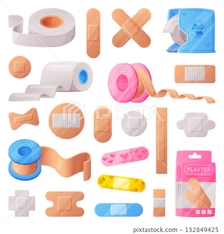 Medical Plaster or Adhesive Bandage for Injuries Vector Set 132849425