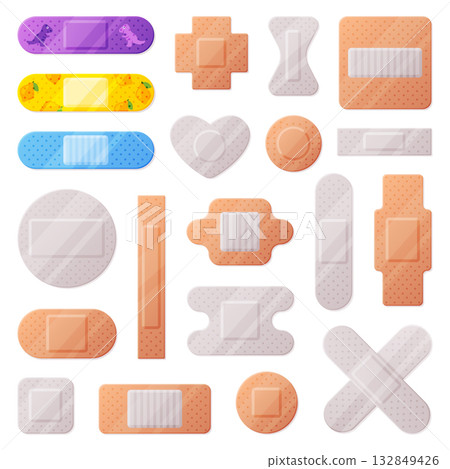 Medical Plaster or Adhesive Bandage for Injuries Vector Set 132849426