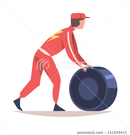 Pit Stop with Man Character Repair Motor Car Change Tires Vector Illustration Pit Stop with Man Character Repair Motor Car Change Tires Vector Illustration 132849431