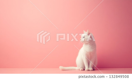 : White cat sitting elegantly on a soft pink background 132849508