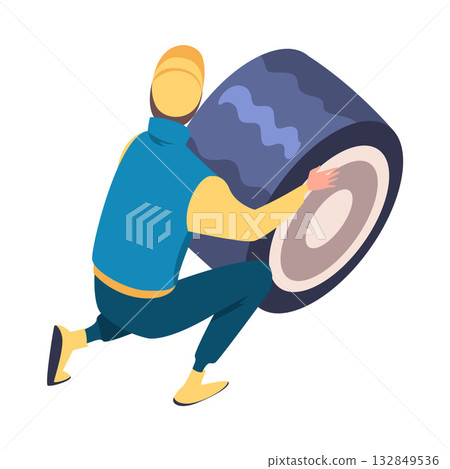 Pit Stop with Man Character Repair Motor Car Change Tires Vector Illustration 132849536