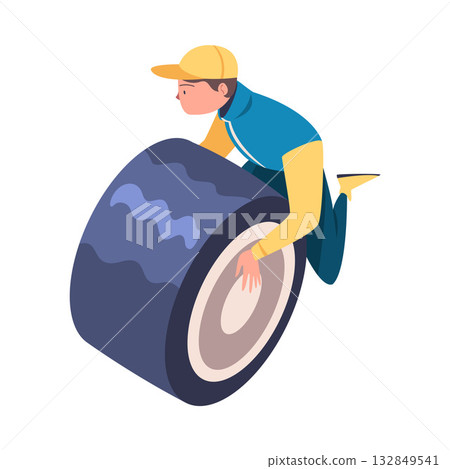 Pit Stop with Man Character Repair Motor Car Change Tires Vector Illustration 132849541