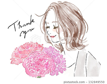 Smiling woman with pink watercolor flowers Smiling woman with pink watercolor flowers 132849550