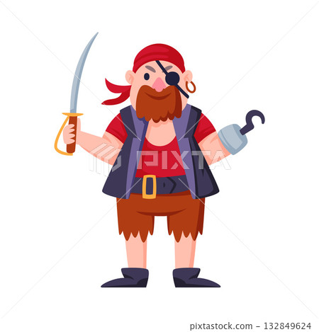 Man Pirate Character in Bandana with Hook Vector Illustration 132849624