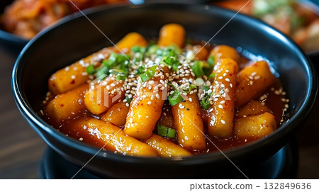 A bowl of delicious Korean tteokbokki with sesame seeds. A bowl of delicious Korean tteokbokki with sesame seeds. 132849636