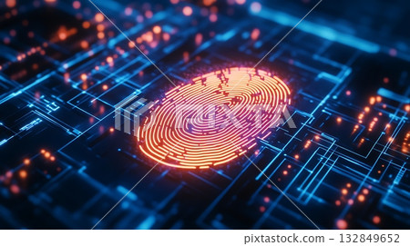 Digital fingerprint pattern on glowing futuristic circuit technology background. 132849652