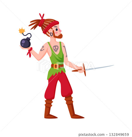 Man Pirate Character in Hat with Sword Hold Bomb Vector Illustration 132849659