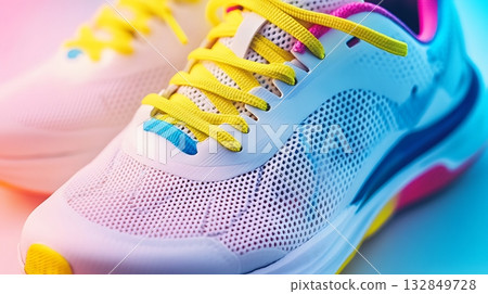 Colorful sports shoe with yellow laces and mesh design 132849728