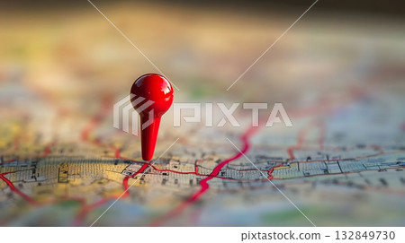 Red map pin on a detailed map with city roads Red map pin on a detailed map with city roads 132849730