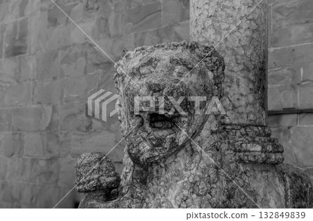 Monochrome detail of carved lion head sculpture from Colleoni Chapel supporting portal column 132849839