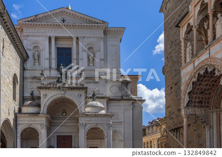 Neoclassical facade of Saint Alexander Cathedral in Bergamo with statues and ornate pediment Neoclassical facade of Saint Alexander Cathedral in Bergamo with statues and ornate pediment 132849842