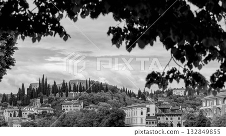 Monochrome view of Verona hilltop Castel San Pietro framed by trees across the historic skyline 132849855