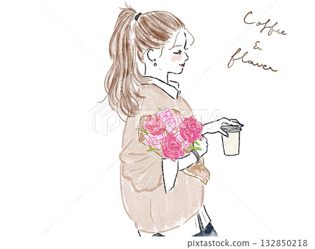 一位綁著馬尾、手持粉紅色花的時尚女性側影 一位綁著馬尾、手持粉紅色花的時尚女性側影 132850218