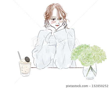 Woman resting her chin on her hands, glasses, flowers, ice cream, cookies 132850252