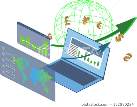 Visual representation of global finance trends with data analytics showing growth and currency symbols in a modern digital workspace Visual representation of global finance trends with data analytics showing growth and currency symbols in a modern digital workspace 132850284
