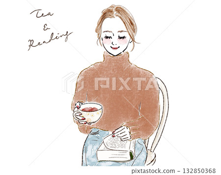 一位女士坐在椅子上讀書,不時翻頁。 一位女士坐在椅子上讀書,不時翻頁。 132850368