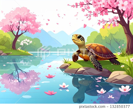 Turtle and Cherry Blossoms Turtle and Cherry Blossoms 132850377