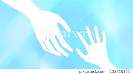 Parent and child, or adult and child, illustration of holding hands, light blue background 132850393