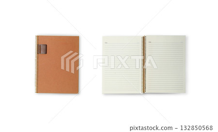 Photorealistic orange leather notebook mockup on white background. 132850568
