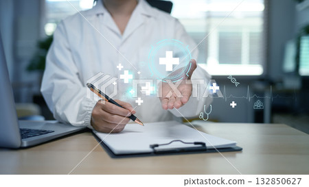 Doctor using digital medical futuristic interface icon healthcare and medical Doctor using digital medical futuristic interface icon healthcare and medical 132850627