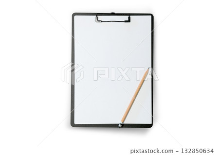 Clipboard with blank paper and pencil with clipping path 132850634