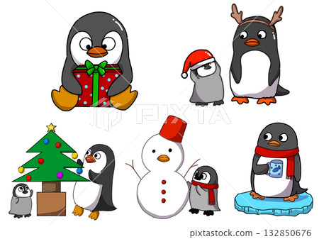 一群可愛的小企鵝和雪人 132850676