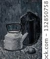Still life artwork featuring a kettle, a canister, and a ball 132850758