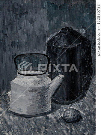 Still life artwork featuring a kettle, a canister, and a ball Still life artwork featuring a kettle, a canister, and a ball 132850758