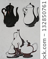 Creative still life with teapots and pear in paint art display 132850761
