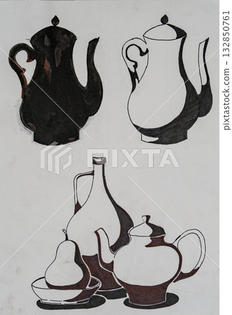 Creative still life with teapots and pear in paint art display Creative still life with teapots and pear in paint art display 132850761