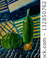 Still life with green vegetables and bottle against a colorful background 132850762