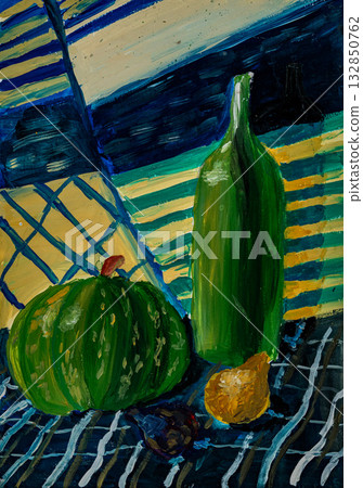 Still life with green vegetables and bottle against a colorful background Still life with green vegetables and bottle against a colorful background 132850762