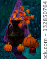 Vibrant still life with pumpkins and lantern flowers in a cozy setting 132850764