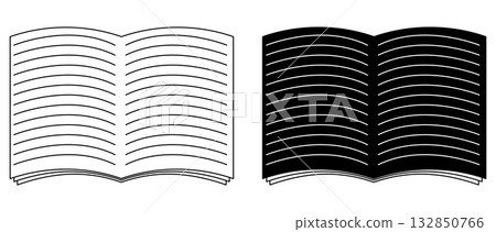 Set of icons of open book or notebook with double page spread symbolizing reading, learning and knowledge Set of icons of open book or notebook with double page spread symbolizing reading, learning and knowledge 132850766