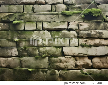an AI Image Generator, Moss-Covered Stone Wall With Weathered Blocks 132850819