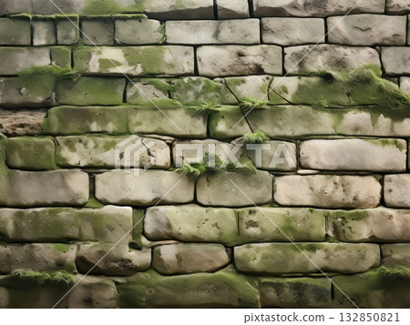an AI Image Generator, Moss-Covered Stone Wall With Weathered Blocks 132850821
