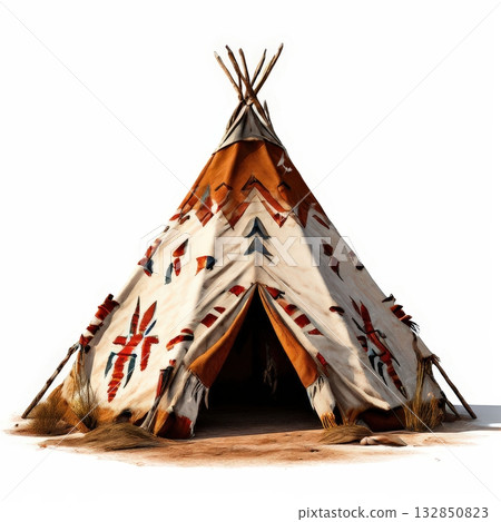 an AI Image Generator, Traditional Tipi Tent With Painted Symbols And Wooden 132850823