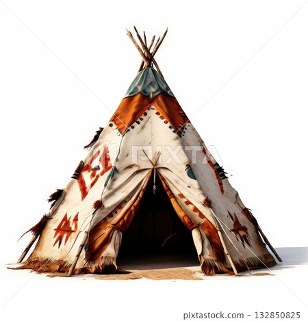 an AI Image Generator, Traditional Tipi Tent With Painted Symbols And Wooden 132850825