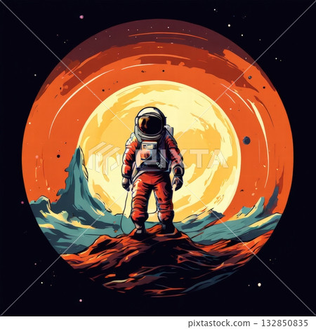 an AI Image Generator, Astronaut Exploring a Fiery Alien Planet in Space 132850835