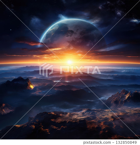 an AI Image Generator, Sunrise Over an Alien Planet With Dramatic Horizons 132850849