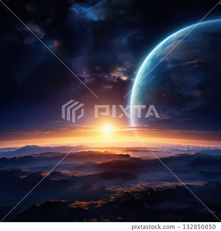 an AI Image Generator, Sunrise Over an Alien Planet With Dramatic Horizons an AI Image Generator, Sunrise Over an Alien Planet With Dramatic Horizons 132850850