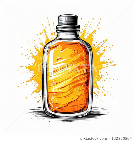 Hand-Drawn Bottle of Orange Liquid on a Splash Background an AI Image Generator, Hand-Drawn Bottle of Orange Liquid on a Splash Background an AI Image Generator, 132850864