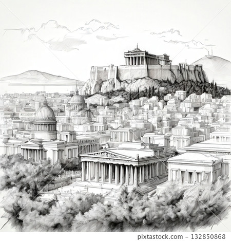 the AI Image Generator, Historic Illustration of Parthenon and Ancient Athenian Cityscape 132850868